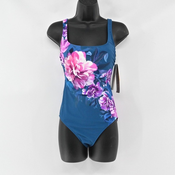 Gottex Other - Gottex Fiji One Piece Swimsuit Womens Size 6 Navy Pink Floral Print Square‎ Neck